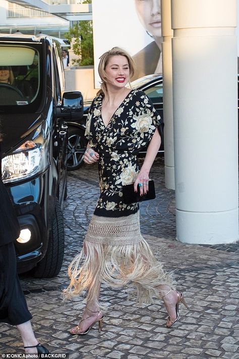 Wow: Amber Heard, 33, looked an absolute vision in a gold foiled dress with a chic tassell... Plunging Dress, Fringed Dress, Plunge Dress, Capsule Outfits, Embroidery Suits Design, Jenner Style, Johanna Ortiz, Amber Heard, Embroidery Suits