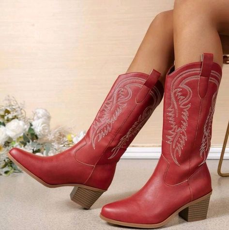 Embroidery Leather High Heel Knee-High Western Boots For Women Western Boots For Women, Red Cowgirl Boots, Red Cowboy Boots, Girl Cowboy Boots, Womens Cowgirl Boots, New Embroidery, Sandy Shores, Western Boots Women, Black Heel Boots