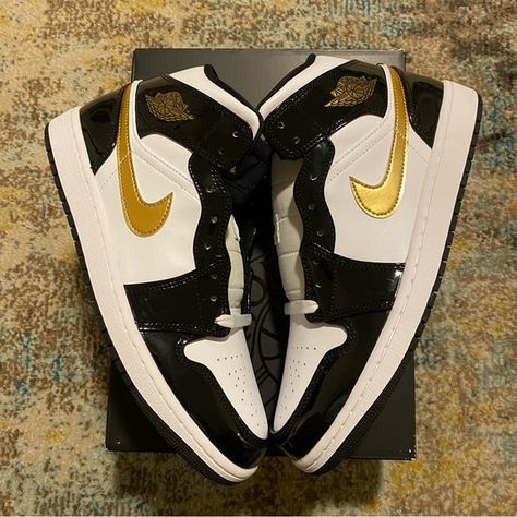 Jordan 1 mid “Patent Gold”! Brand New In Box! 100% authentic! Ships next day! Jordan Mid, Jordan Shoes Retro, Shoes Retro, Future Me, Gold Branding, Jordan 1 Mid, Jordan Shoes, Jordan 1, Middle School