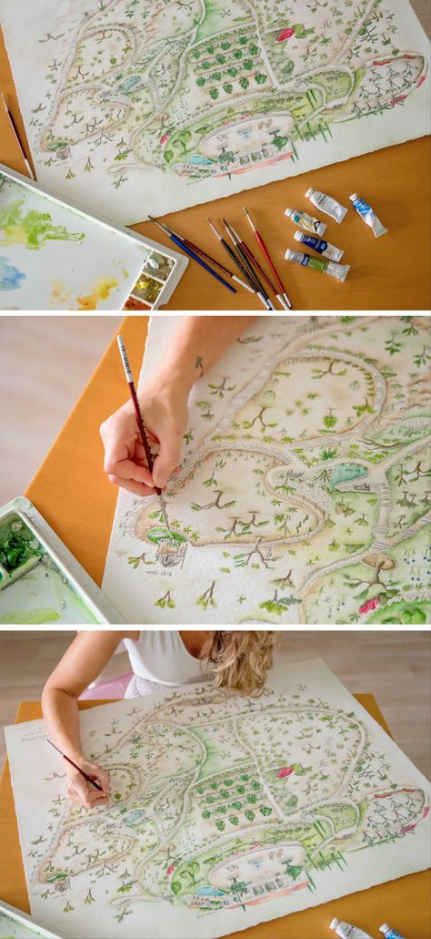 Heirloom property maps are one of my favorite projects to work on! I mean, it doesn’t get better than creating something a family will cherish for generations to come! Map Art Illustration, Watercolor Templates, Watercolour Map, Whimsical Map, Savannah Art, Fantasy Fairies, Watercolour Ideas, Art Journal Prompts, Whimsical Watercolor