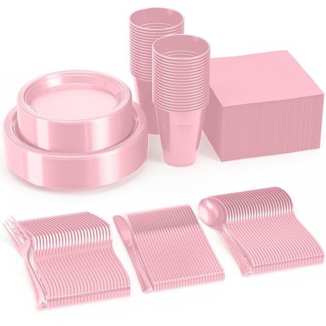 Introducing our exquisite 350-Piece Plastic Dinnerware Set Disposable, designed to elevate your dining experience and add a touch of sophistication to any occasion. This comprehensive set includes 50 pieces of each essential element, all in a rich and elegant Pink color hue, making it perfect for formal gatherings, holiday parties, weddings, parties, or even casual get-togethers where you want to impress your guests. The star of this set is the 9" Burgundy Plastic Dinner Plates, which not only b Pink Dessert, Pink Party Supplies, Plastic Dinnerware Sets, Disposable Plastic Plates, Pink Desserts, Pink Plates, Pink Napkins, Plastic Dinnerware, Pink Birthday Party