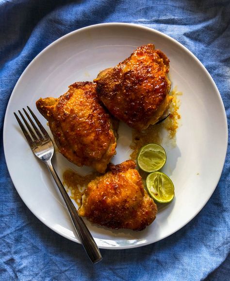 Crispy Chicken Thighs with a Red Pepper Jelly  Glaze — Amanda Frederickson Red Pepper Jelly Chicken, Pepper Jelly Chicken, Crockpot Chicken And Potatoes, Corn And Zucchini, Pepper Jelly Recipes, Red Pepper Jelly, Crispy Chicken Thighs, Hot Pepper Jelly, Quick Bites