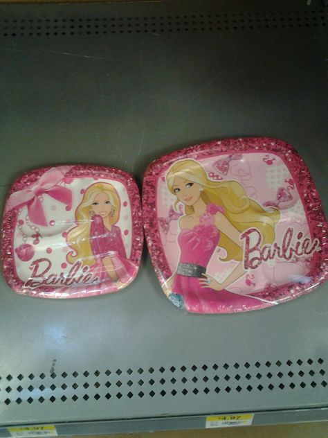 Barbie plates at Walmart!  $2 for large plates and $1.75 for small. Has matching cups, ect. Barbie Plates, Barbie Decorations, Barbie Bday, Barbie Party, Large Plates, Plastic Plates, 18th Birthday, Party Hats, Party Favors