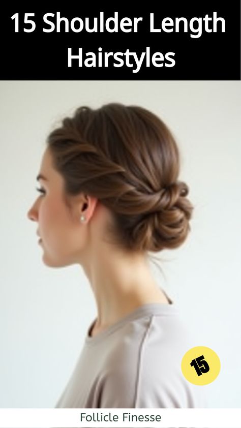 Shoulder Length Hairstyles,Woman with twisted updo hairstyle, side view Shoulder Length Hair Styles Updos, Shoulder Length Hair Updo Easy, Shoulder Length Hair Updo, Easy Shoulder Length Hairstyles, Shoulder Length Updo, Shoulder Length Hairstyles, Grey Bob Hairstyles, Messy Top Knots, Mom Hair