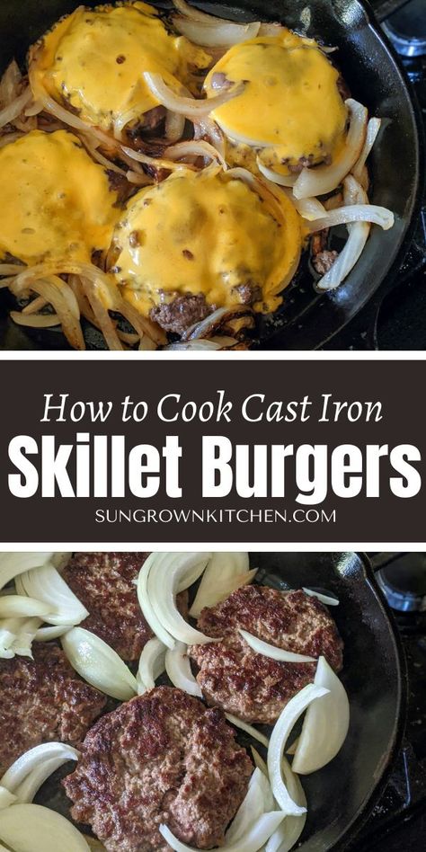 Cook burgers in your cast iron skillet with caramelized onions and melty cheese Hamburger On Cast Iron Skillet, Dinner Recipes Cast Iron Skillet, Hamburgers On Cast Iron Skillet, Cheeseburgers In Cast Iron Skillet, Burgers In Cast Iron Skillet In Oven, Cast Iron Skillet Hamburger Recipes, Smash Burger In Cast Iron, Cast Iron Burger, Smash Burgers In Cast Iron Skillet