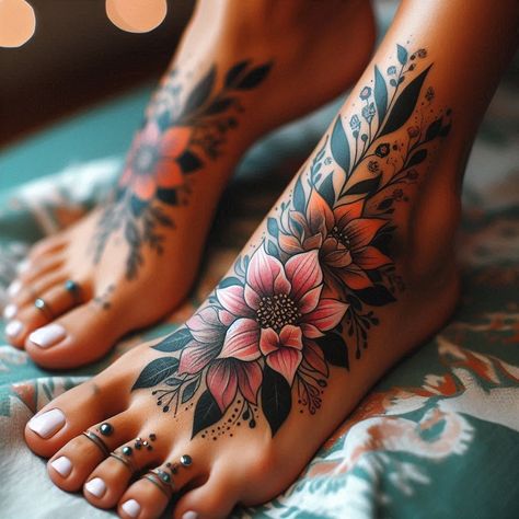 15 Baby Feet Tattoo Ideas to Cherish Precious Moments 1 Foot Leg Tattoos For Women, Wildflower Foot Tattoo, Ankle Cover Up Tattoos For Women, Floral Foot Tattoos For Women, Top Foot Tattoos, Foot Flower Tattoos, Elephant Foot Tattoo, Feet Tattoo Ideas, Ornamental Foot Tattoo