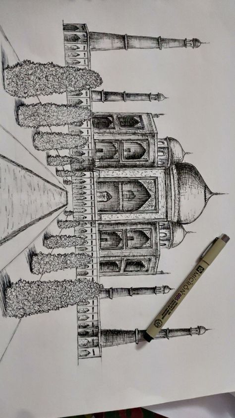 #pencildrawing #sketch #drawing #artist #pencilart #pencil #artwork #sketchbook #sketching #artistsoninstagram Rendering Drawing Sketches, Micron Rendering, Rendering Architecture Sketches, Pencil Rendering Architecture, Pen Rendering Sketches, Taj Mahal Sketch Pencil, How To Draw Taj Mahal, Micron Pen Art Sketches Architecture, Taj Mahal Sketch