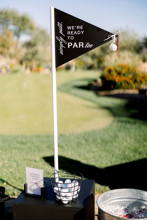 Putt putt at your wedding? Say no more! How fun is this golf flag we made for Karen + Brian's golfing hour?! Golf Course Wedding Decor, Wedding Mini Golf Diy, Golf Theme Wedding Ideas, Golf Decorating Ideas Party, Golf Event Decor, Golf Course Wedding Ceremony, Tailgate Wedding, Bachelorette Crafts, Golf Wedding Ideas