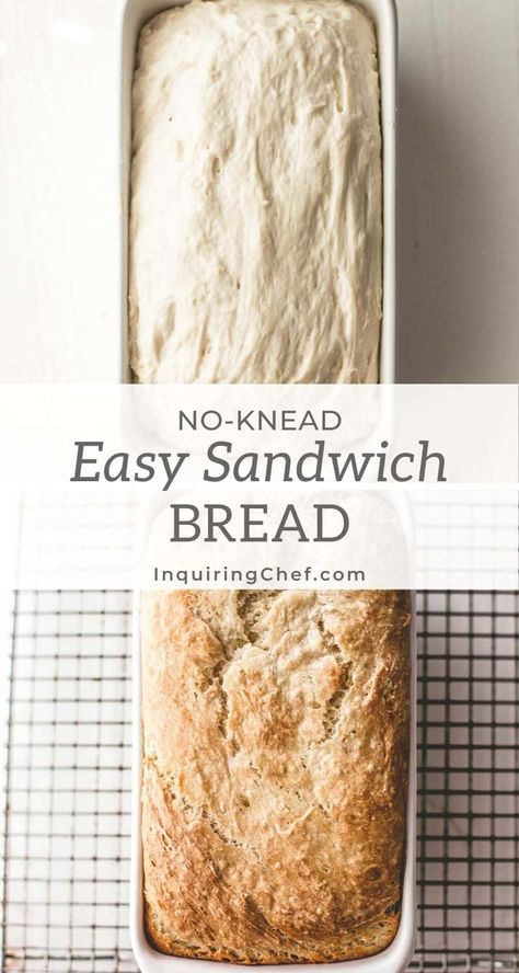 No-Knead Sandwich Bread is a rustic, simple bread that is great for slicing for sandwiches or serving as toast. No Knead Sandwich Bread Recipe, Sandwhich Bread, Easy Breads, Light Sandwiches, Bread Yeast, Homemade Sandwich Bread, Simple Bread, Sourdough Sandwich, Knead Bread Recipe