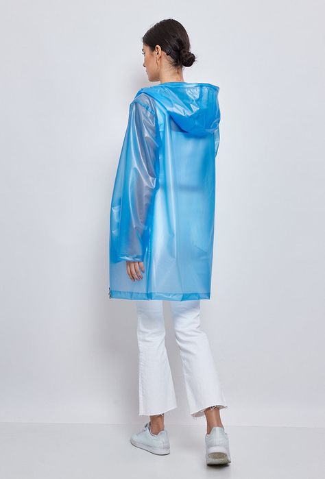 Semi-transparent raincoat  The transparent hooded raincoat is impact and abrasion resistant.  Elastic material for greater comfort and freedom of movement.  Slightly flared cut with large side pockets and hood.   Composition: 100% Polyester  Lining: 60% Polyamide, 40% PU   Our model is 174 cm tall and wears a size S  REF: 3112 Transparent Raincoat, Plastic Mac, Le Grand Bleu, Rubber Raincoats, Jumpsuit And Blazer, Raincoat Jacket, Shiny Clothes, Hooded Raincoat, Raincoats For Women