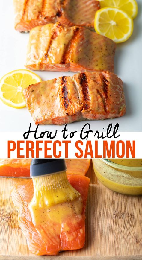 How to Grill Salmon (Grilled Salmon Marinade) - Cook perfectly flaky, succulent salmon on the grill all summer long with our foolproof tips and the easiest marinade recipe! You won't believe how simple it is to make this impressive dish at your next cookout. #aspicyperspective #foodblog #foodie #foodlove #foodpic #instafood #foodstagram #tasty #howtogrillsalmon #grilledsalmonmarinade #marinade #grilledsalmon #grilled #salmon #dinner #howto #tutorial #grilledfish #howtogrillrn Grill Salmon On Grill, How To Cook Salmon On The Grill, Grilled Salmon Marinade, Dinner Meatless, Salmon On The Grill, Salmon Marinade Recipes, Kamado Grill Recipes, How To Grill Salmon, Grill Salmon