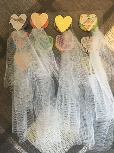 I just sewed mini veils to heart stickers for pin the veil on the bride game.  Will pair with large photo of bride. Pin The Veil On The Bride, Pin The Veil On The Bride Game, Apron Game Bridal, Bridal Shower Games Toilet Paper Dress, How Old Is The Bride Game Board, Don’t Say Bride Game, Stickers To Make, Photo Of Bride, Bride Game