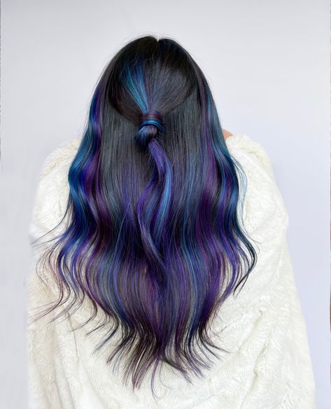 Purple And Blue Hair Highlights Peekaboo Color, Blue And Purple Hair Dye Ideas, Peacock Hair Color Peekaboo, Blue And Purple Streaks In Hair, Purple And Blue Hair Color Ideas, Blue And Purple Hair Highlights, Unusual Hair Colours, Dark Blue And Purple Hair, Purple Blue Highlights