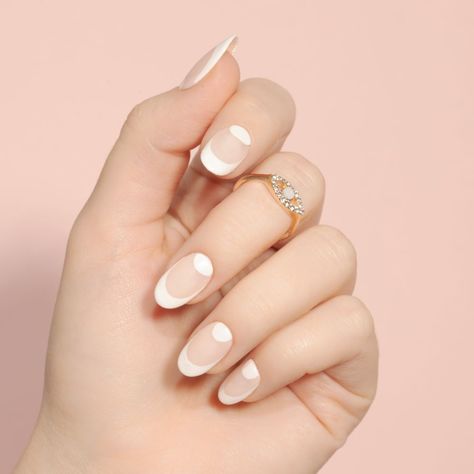 Wedding-Ready: White Half-Moon Nails with French Tips - Lulus.com Fashion Blog Half Moon With Tip Nail Design, Halo French Nails, French Moon Nails, Half Moon French Tip Nails, Half Moon French Nails, Moon French Tip Nails, White Half Moon Nails, Half Painted Nails, Moon On Nails