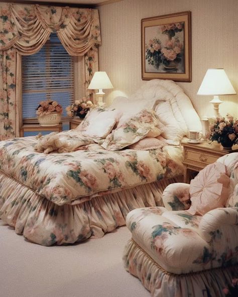 Vintage 90s Bedroom, Bed Sheetz, 80s Bed, 1980s Bedroom, 1980s Interior Design, 90s Interior Design, 1980s Interior, Cottage Bedrooms, 90s Interior