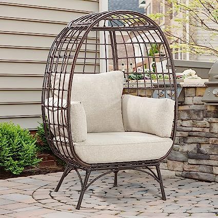 Wicker Egg Chair with Cushion, Oversized Indoor Outdoor Wicker Egg Chair, Outdoor Loungers, Hanging Egg Chair, Chair Metal, Elegant Chair, Patio Lounge Chairs, Steel Chair, Patio Lounge, Beige Cushions