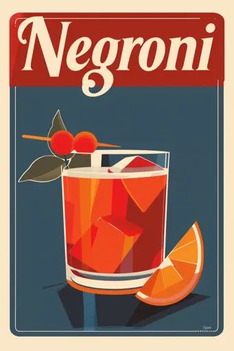 ↑↑↑ Larger size on website 🔸 The image is a vintage-style poster advertising a Negroni cocktail. The poster features a glass of N 🔸 From Midjourney AI Image Cocktail Images, Negroni Cocktail, Poster Advertising, Cocktail Poster, Minimalist Retro, Orange Slice, Negroni, Ice Cubes, Toothpick