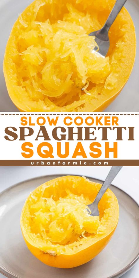 Here's an easy summer dinner recipe for the family! This Slow Cooker Spaghetti Squash is a healthy, low-carb recipe that's super flavorful. Pin this simple summer side dish recipe!