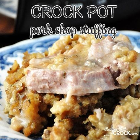 This Crock Pot Pork Chop Stuffing recipe can be thrown together in less than 5 minutes and is ready in just a few hours! Pork Chop Stuffing, Pork Stuffing, Crock Pot Pork, Pork Chop Recipes Crockpot, Pork Chop Recipes Baked, Crockpot Pork Chops, Slow Cooker Pork Chops, Stuffing Casserole, Crockpot Pork