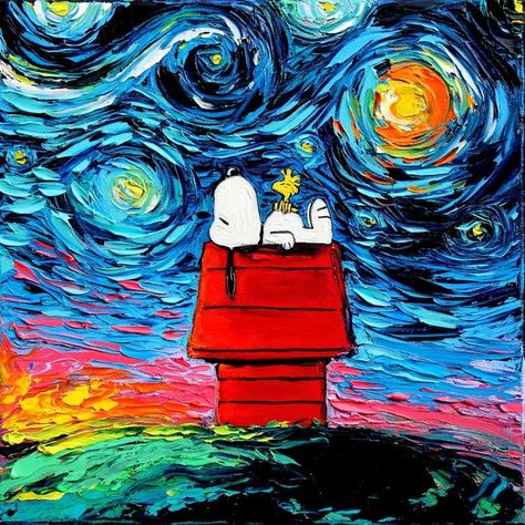 Snoopy Sleeps Under A Starry Night ~ Van Gogh's Most Famous Paintings Meet Pop Culture Icons Snoopy Und Woodstock, Illusions Art, Woodstock Snoopy, Lucy Van Pelt, Most Famous Paintings, Snoopy Images, Peanuts Cartoon, Snoopy Pictures, Art Parody