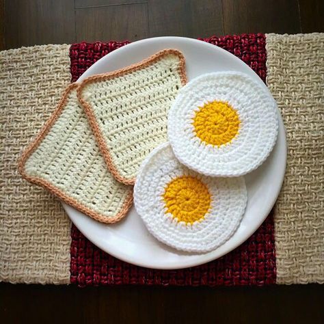 Egg And Toast, Eggs And Toast, Crochet Children, Sunnyside Up Eggs, Handmade Bread, Crochet Fruit, Breakfast Set, Toy Food, Food Breakfast