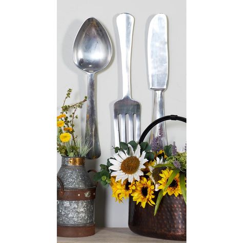 Litton Lane Wood and Metal Spoon and Fork Wall Decor (Set of 2)-44454 - The Home Depot Large Wall Decor Kitchen, Farm Display, Fork And Knife, Big Spoon, Wall Decor Kitchen, Stainless Steel Utensils, Kitchen Decor Modern, Nails And Screws, Accent Wall Decor