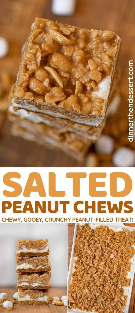 Salted Peanut Chews are a combination of peanut butter cookies, Rice Krispies, and peanut butter brittle. #dessert #peanuts #marshmallows #ricekrispies #peanutchews #desserttreats #peanutbutterdessert #dinnerthendessert Crushed Peanut Recipes, Dry Roasted Peanuts Recipe Desserts, Salted Peanut Bars, Peanut Butter Chews Recipes, Unsalted Peanuts Recipes, Salted Peanuts Recipes, Recipes With Peanut Butter Chips, Crunchy Peanut Butter Recipes, Peanut Chews Recipe