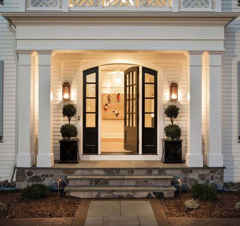 Inside a Serene, Inviting Colonial Style Home in The Midwest Colonial Entryway Exterior, White Colonial House Exterior With Black Windows, New Build Colonial, Exterior Home Makeover Colonial, Colonial Family Home Exterior, Updated Colonial Exterior, Center Entrance Colonial Exterior, Updated Colonial Exterior With Two Story Columns, Colonial Entryway