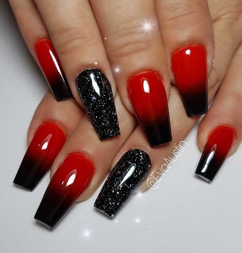 Hombre Red Black Nails, Birthday Nails Stiletto Short, Red And Black Ombré Nails, Red Black Silver Nails, Red And Black Prom Nails, Red And Black Nails Ideas, Black And Red Ombre Nails, Red And Black Ombre Nails, Pinup Nails