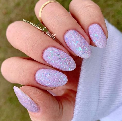 Sparkly Purple Nails Lavender, Lavender Nails With Sparkle, Glittery Lavender Nails, Pearl Lavender Nails, Icy Purple Nails, Lavender Winter Nails, Lavender Haze Nails Taylor Swift, Lavender Nails Glitter, Purple Glitter Almond Nails