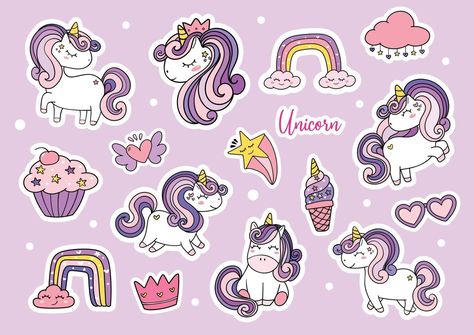 cute purple magical simple unicorn sticker sheet printable Stiker Aesthetic Printable, Cute Printable Sticker Sheets, Stiker Journal, Unicorn Themed Birthday Party, 8 Mart, Unicorn Printables, Unicorns Clipart, Kawaii Unicorn, Stickers Kawaii