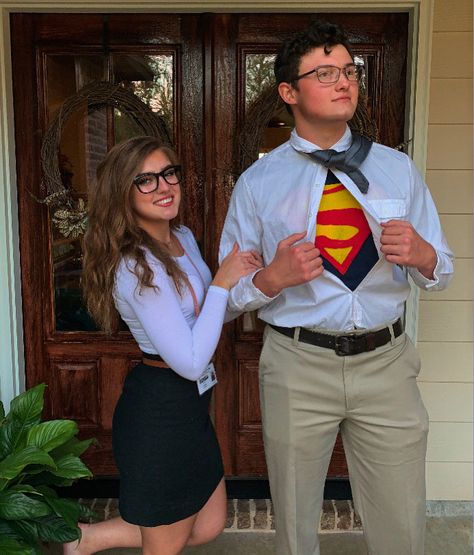 Lois Lane Costume Diy, Superman And Lois Lane Costume, Lois Lane Halloween Costume, Comiccon Costume Ideas Couple, Clark Kent And Lois Lane Costume, Super Man And Lois Lane Costume, Lois Lane Costume, Superman And Lois Suit, Clark Kent Costume