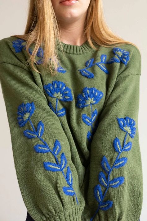 Sweater With Embroidery, Flowers Embroidered, Basic Long Sleeve Tee, Embroidery Sweater, Wool Embroidery, Tiny Cottons, Embroidered Sweater, Winter Weather, Chunky Knits Sweater