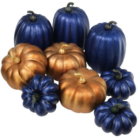 PRICES MAY VARY. Quantity: Package includes 6 pcs Artificial Navy Blue Pumpkins and 3 pcs Artificial Bronze Pumpkins in assorted shapes and sizes. They look great on their own or paired with other seasonal items for your Halloween and Harvest decoration. Color: Foam pumpkins feature characteristic pumpkin shapes, and some are painted in metallic bronze gold color while the others are navy blue with black speckles. The bronze pumpkins are topped with gold stems and the blue pumpkins with green st Harvest Table Centerpieces, Halloween Table Centerpieces, Decorative Bowl Filler, Decorative Pumpkins, Blue And Bronze, Led Garland, Artificial Pumpkins, Foam Pumpkins, Wedding Themes Fall