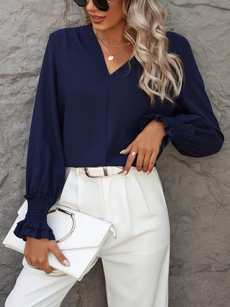 Navy Blue Casual Collar Long Sleeve Woven Fabric Plain Top Embellished Non-Stretch  Women Tops, Blouses & Tee Navy Blue Blouse Outfit, Blue Blouse Outfit, Silk Blouse Outfit, Blue Colour Shirt, Blouse Outfit Casual, Womens Business, Business Attire Women, Water Energy, Navy Blue Blouse