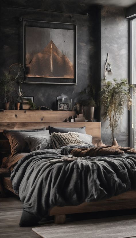 Hyperrealism dark interior of a boho design bedroom with bed and modern minimalistic wall art Industrial Romantic Bedroom, Dark Bedroom With Fireplace, Masculine Dark Bedroom, Charcoal Wall Bedroom, Minimal Moody Bedroom, Rustic Home Interiors Bedroom, Dark And Dreamy Aesthetic, Dark Lime Wash Bedroom, Dark And Moody Wall Art