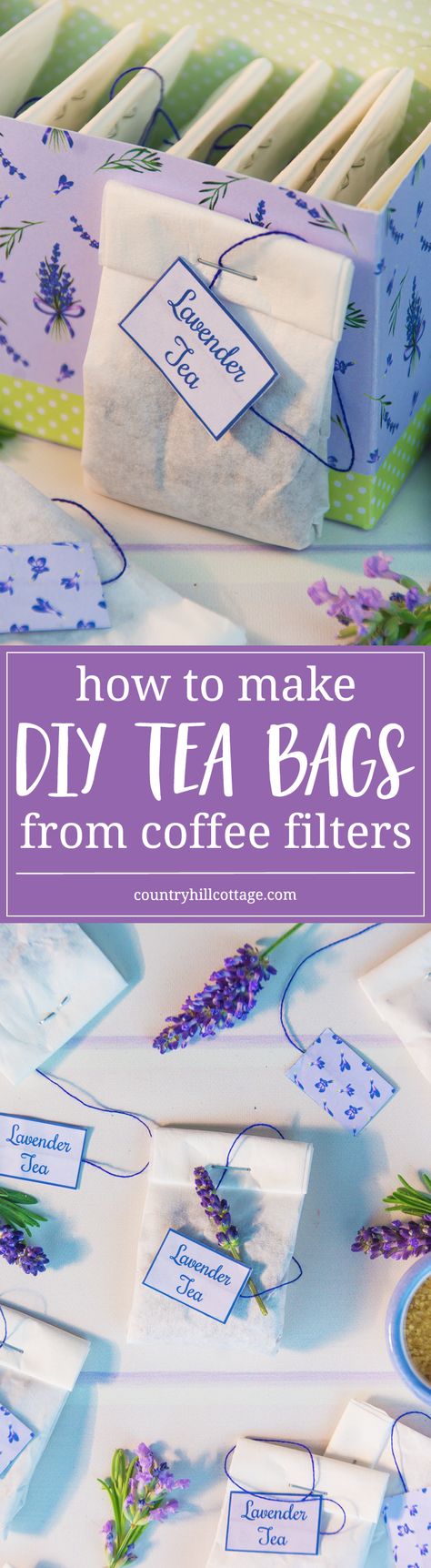 Learn how to make tea bags from coffee filters and fill them with aromatic lavender tea. DIY tea bags are an excellent and easy make-ahead gift idea for all seasons, and this technique works with any type of loose tea or herbs. #DIY #lavender #tea | countryhillcottage.com Make Tea Bags, Diy Tea Bags, Bath Tea Bags, Diy Lavender, Diy Tea, Tea Crafts, Vibeke Design, Homemade Tea, Make Tea