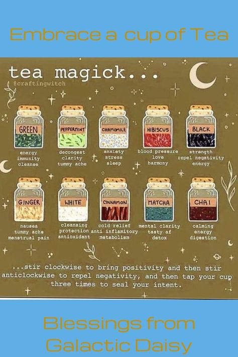 Tea is a great way to start your day. Here is a wonderful list of types of tea, what they can do, and how to put some intent into your tea. Tea And What They Do, How To Drink Tea, Tea Meanings, Tea Tips And Tricks, Tea For Different Purposes, Tea Spells, Guide To Tea, Witchy Tea, Tea Knowledge