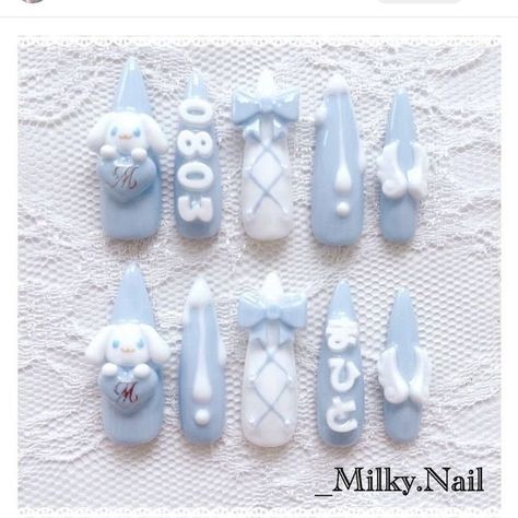 Cute Cinnamoroll Nails, Sanrio Nails Cinnamoroll, Cinnamoroll Nail Art, Cinnamoroll Nails, Rave Nails, Fashion Cottagecore, Cute Pink Nails, Harajuku Anime, Fake Nails Designs