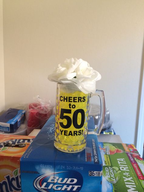 50th BDay beer mug centerpiece Beer Mugs Centerpieces, Beer Mug Centerpiece For Men, Diy Beer Mug, Beer Mug Centerpiece, Men's Birthday, 40th Anniversary Party, Wedding Anniversary Decorations, Diy Beer, 50th Bday