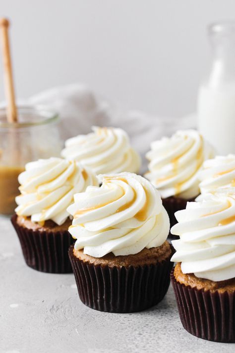 Sweet Potato Cupcakes with Salted Maple Caramel are made easy with boxed spice cake mix.  They're light and fluffy and topped with a dreamy salted maple caramel cream cheese frosting for a fun and delicious fall treat. #sweetpotatocupcakes #maplecaramel #thesweetoccasion Sweet Potato Cupcakes With Box Cake, Potato Cupcakes, Caramel Cream Cheese Frosting, Sweet Potato Cupcakes, Entertaining Desserts, Maple Caramel, Fall Baking Recipes, Chilled Desserts, Caramel Cream