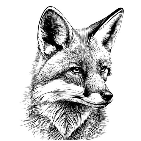 Fox portrait hand drawn sketch Vector illustration Wild animals stock photo Fox Photography Black And White, Fox Portrait Drawing, Fox Head Drawing, Fox Sketches, Fox Drawing Sketches, Fox Outline, Fox Sketch, Fox Portrait, Fox Art Print