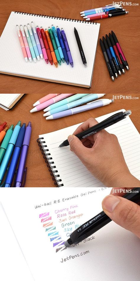 Enjoy a smooth-writing gel pen that erases cleanly and easily! The R:E features heat-sensitive ink that turns invisible when exposed to heat by rubbing it with the plastic friction "eraser" in the pen's push button. Stationary Kit, Pen Stationary, Erasable Pen, School Preparation, Stationery Obsession, Erasable Gel Pens, Study Stationery, Stationary School, Planner Stationery