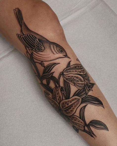 Yellow warbler and stargazer lilies at the knee to kick off Tegan’s bird leg sleeve. Some of my favourite things to tattoo paired with one… | Instagram Things To Tattoo, Poked Tattoo, Pair Tattoos, Yellow Warbler, Brown Thrasher, Tattoo 2023, Hand Poked Tattoo, Full Body Tattoo, Stargazer Lily