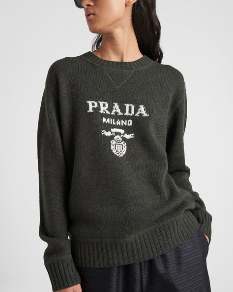 Military Green Cashmere and wool Prada logo crew-neck sweater | PRADA Prada Collection, Prada Logo, Floral Sweater, Green Wool, Sweater Women, Cashmere Wool, Military Green, Online Accessories, Cashmere Sweaters