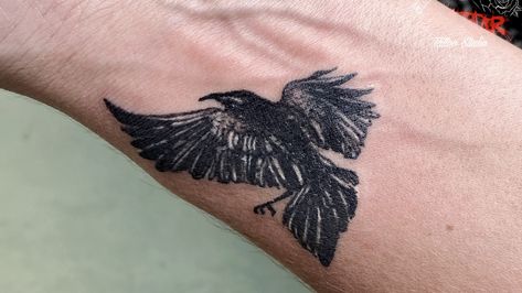 Thanks for trusting my work. 🙏 #tattoo #tattoos #tattoosforwomen  #tattooideas #tattooinspiration #colortattoo #mentattoo #femaleartist #ladytattooer #bigstartattoos #bigstartattoostudio #bigstartattoostudiomandalay #myanmar #burma Crow Wrist Tattoo For Women, Raven Wrist Tattoos For Women, Small Raven Tattoos For Women, Small Raven Tattoo, Tattoo Ideas Skull, Aesthetic Raven, Raven Tattoo Ideas, Raven Tattoos, Crow Tattoos