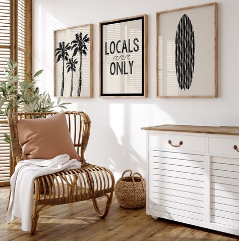 Elevate your space with our Beach Print Set a trio of surfboard, palm trees, and Locals Only sign prints in chic beige and black. Bring coastal vibes to your home decor effortlessly. Perfect for surf enthusiasts and beach lovers. Many More Coastal Gallery Wall Sets available in my shop! https://etsy.me/3MPbvav THIS IS A DIGITAL DOWNLOAD, NO PHYSICAL PRODUCT WILL BE SHIPPED  You will receive a PDF with a link to Google Drive containing 5 high resolution JPG files at 300 DPI that can be printed at Coastal Boho Art, Southwest Beach Decor, Black Coastal Decor, Boho Beach Bedroom, Coastal Mid Century Modern, Hanging Pictures On The Wall, Colorful Beach House, Vintage Beach Decor, Decoration Surf