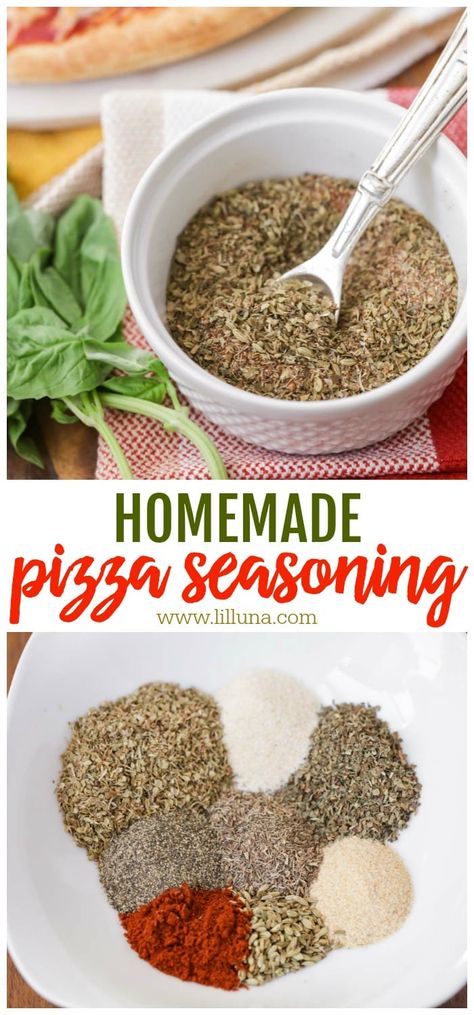 If you make homemade pizza, you NEED this pizza seasoning in your life. It has the perfect ratio of seasonings and herbs to make the tastiest pizza ever! #homemadepizzaseasoning #pizzaseasoning #homemadepizza #pizza #homemade Pizza Seasoning Recipe, Pizza Spices, Pizza Seasoning, Make Homemade Pizza, Homemade Dry Mixes, Homemade Spice Mix, Spice Blends Recipes, Spice Mix Recipes, Homemade Spice Blends