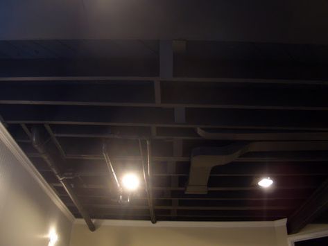 Cool Home Creations: Finishing Basement: Black Ceiling Black Basement Ceiling, Basement Ceiling Insulation, Easy Basement Ceiling, Basement Ceiling Ideas Cheap, Unfinished Basement Ceiling, Basement Ceiling Painted, Ceiling Tiles Basement, Ceiling Basement, Basement Ceiling Options