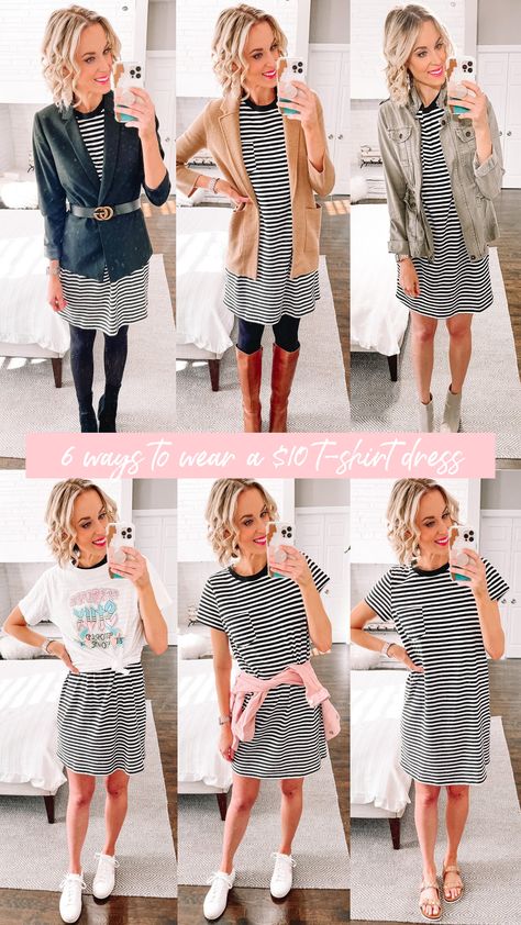 Styling A Shirt Dress Winter, Top Over Dress Outfits, Tshirt Dress Outfit Winter, Dress With Shirt Over It, Striped Tshirt Outfits, Shirt Dress Outfit Ideas, Tee Shirt Dress Outfit, T Shirt Over Dress, Shirt Over Dress Outfit